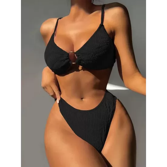 Bandage Hollow Solid Color Padded Deep V-Neck Bikini Swimsuit