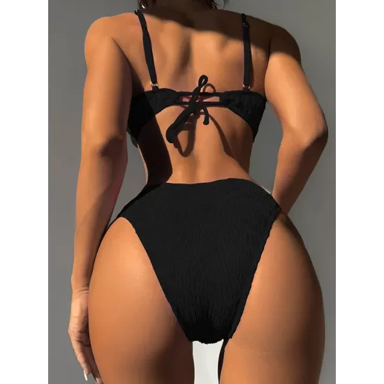 Bandage Hollow Solid Color Padded Deep V-Neck Bikini Swimsuit