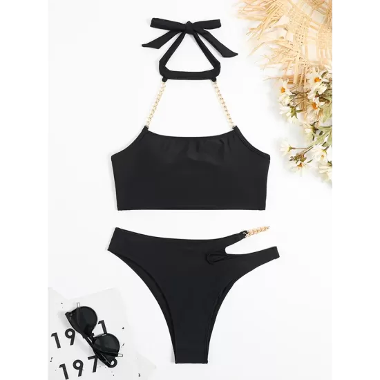 Bandage Belly-Hollow Solid Color Padded Halter-Neck Bikini Swimsuit