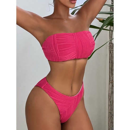 Bandage Solid Color Striped Padded Tube Bikini Swimsuit