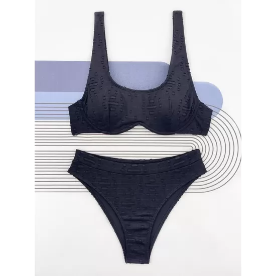 Bandage Hollow Solid Color Padded Square-Neck Bikini Swimsuit