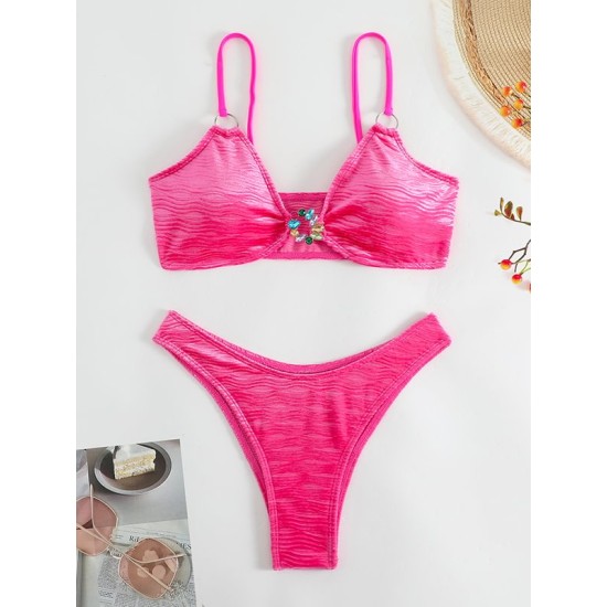 Hollow Solid Color Padded Spaghetti-Neck Bikini Swimsuit