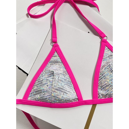 Padded Bandage Sequined Halter-Neck Bikini Swimsuit