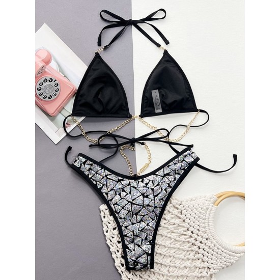 Padded Chains Sequined Halter-Neck Bikini Swimsuit