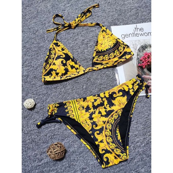 Padded Backless Bandage Floral Printed V-Neck Bikini Swimsuit