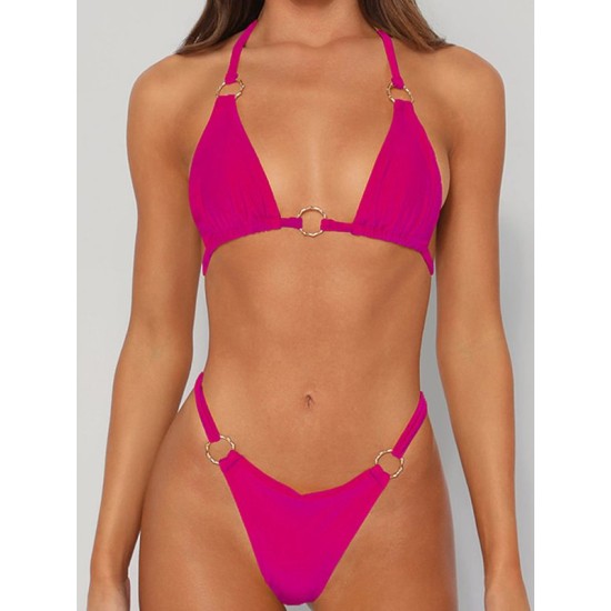 Backless Bandage Hollow Solid Color Padded Halter-Neck Bikini Swimsuit