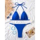 Backless Bandage Hollow Solid Color Padded Halter-Neck Bikini Swimsuit