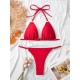 Backless Bandage Hollow Solid Color Padded Halter-Neck Bikini Swimsuit