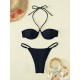 Padded Backless Hollow Leopard Halter-Neck Bikini Swimsuit