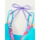 Padded Bandage Beads Color-Block Printed Spaghetti-Neck Bikini Swimsuit