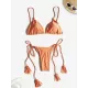 Padded Back Cross Bandage Hollow Tasseled Spaghetti-Neck Bikini Swimsuit