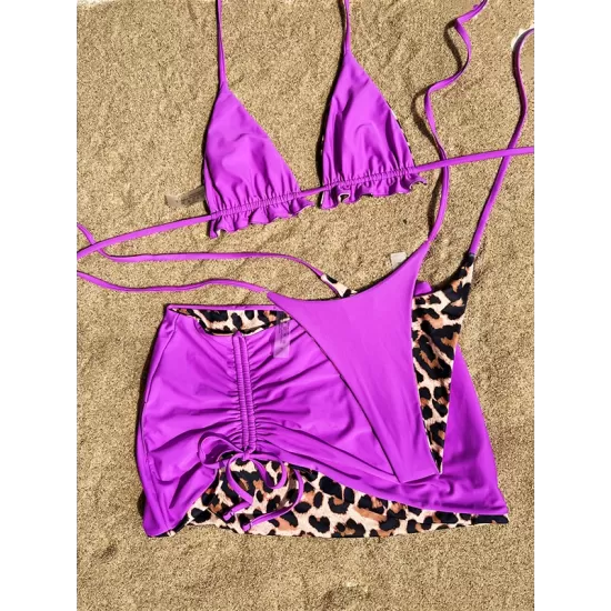 Three-piece Suit Backless Bandage Leopard Halter-Neck Reversible Bikini Swimsuit