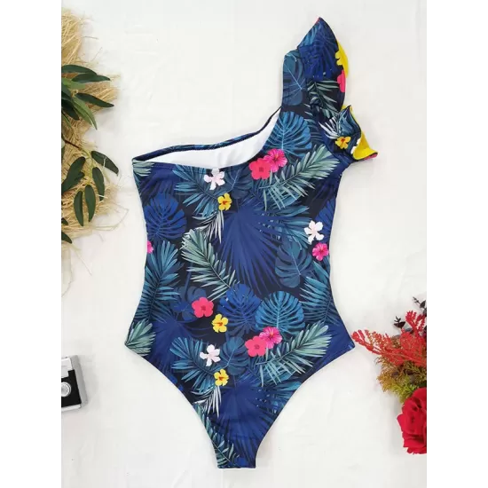 Floral One-Shoulder Falbala Tight One-Piece Swimwear