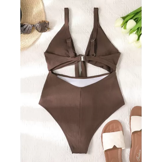 Solid Color Hollow Bandage One-Piece Swimwear