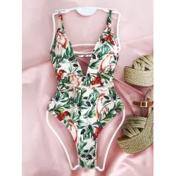 Spaghetti-Neck Floral Belted One-Piece Swimwear