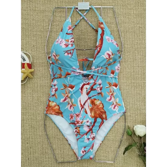 Spaghetti-Neck Floral Belted One-Piece Swimwear