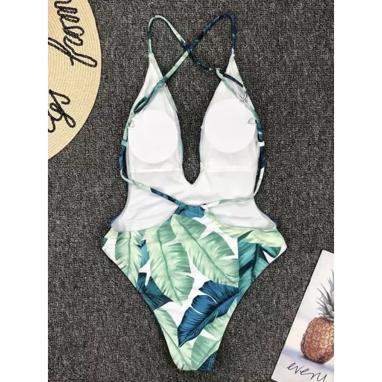 Leaf Printing  Deep V-Neck Backless One-Piece Swimwear