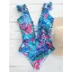 Ruffled Floral Print V-Back One-Piece Swimwear