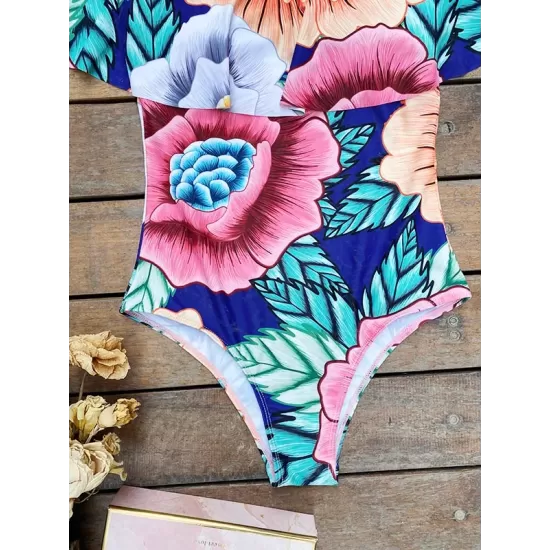 Off-The-Shoulder Floral One-Piece Swimwear