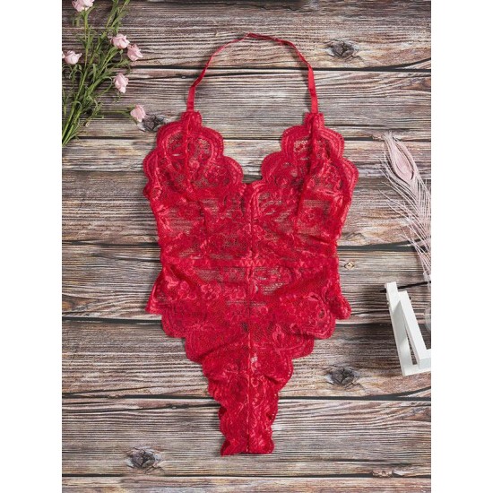 Deep V-Neck Lace One-Piece Bodysuit Lingerie