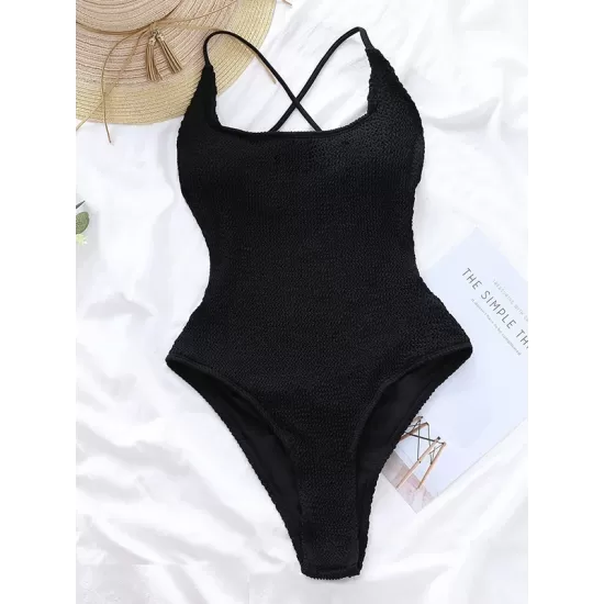 Strapless Solid Color Backless Slim Halterneck One-Piece Swimwear