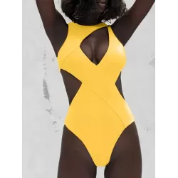 Bandage Plain Yellow One-piece Swimwear