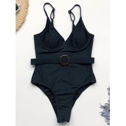 Solid Color Belted Embellished One-Piece Swimwear