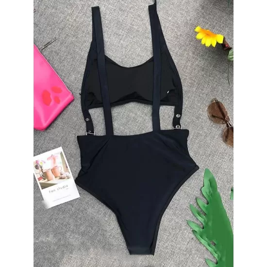 Adjusting Buckle Bandage Hollow One-Piece Swimwear