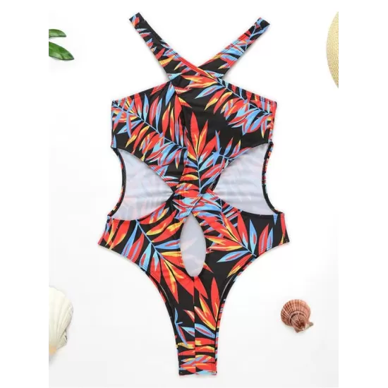 Floral-Print Bandage Hollow One-Piece Swimwear