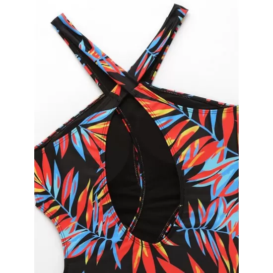 Floral-Print Bandage Hollow One-Piece Swimwear