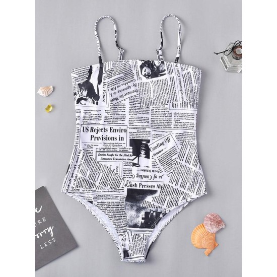 Newspaper-Print One-Piece Swimwear