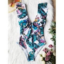 Floral Falbala Backless  One-Piece Swimsuit