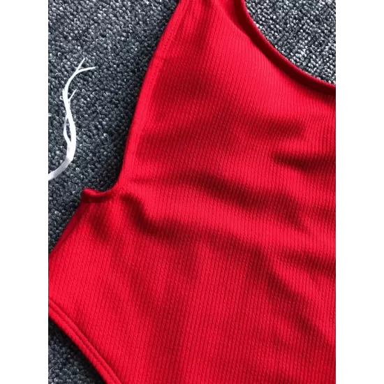 Ribbed Plain Wide Strap One-Piece Swimsuit