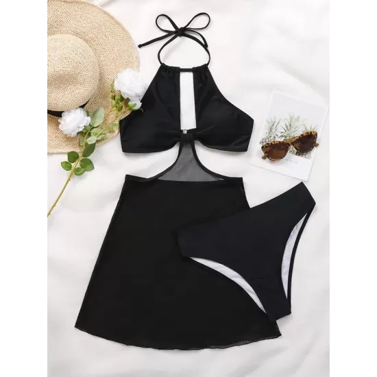 Solid Color Hollow See-Through One-Piece Swimwear