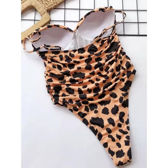 Padded Backless Leopard Spaghetti-Neck One-Piece Swimwear