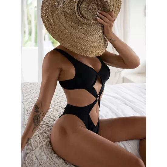 Solid Color Hollow One-Piece Swimwear