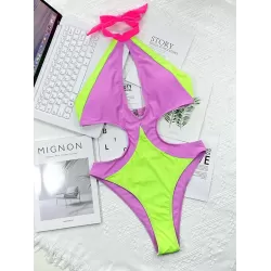 Fluorescent Contrast Color Split-Joint Hollow One-Piece Swimsuit