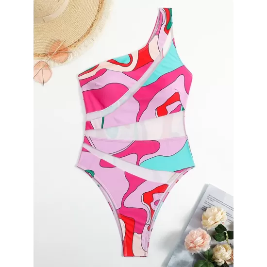 One Shoulder Hollow Color Block One Piece Swimsuit