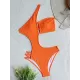 Padded Belly-Hollow One-Shoulder Hollow Solid Color One-Piece Swimwear