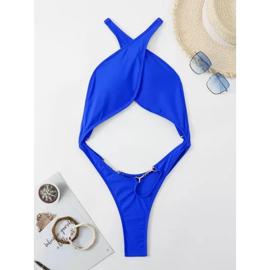 Padded Back Cross Belly-Hollow Solid Color One-Piece Swimwear