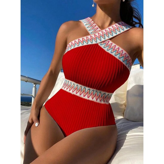 Padded Hollow Striped One-Piece Swimwear