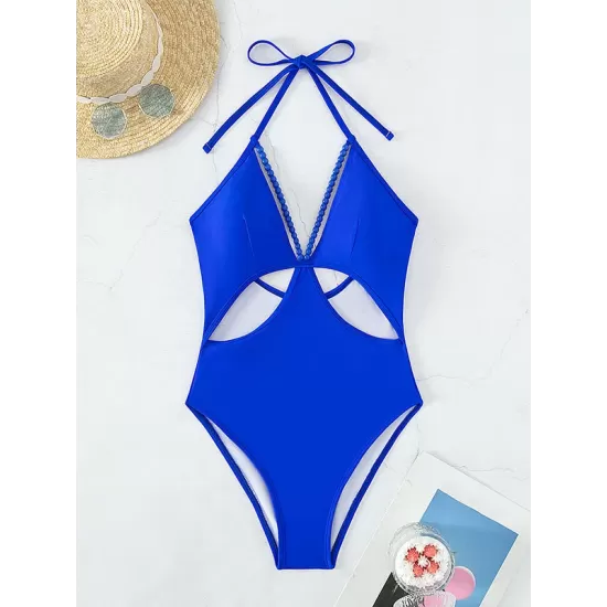 Backless Beads Hollow Solid Color Padded One-Piece Swimwear