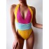 Contrast Color Halterneck Deep V-Neck Backless One-Piece Swimwear