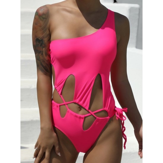 One-Shoulder Split-Joint Hollow Solid Color One-Piece Swimwear