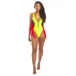 Color-Block V-Neck Zipper Split-Joint Tasseled One-Piece Swimwear