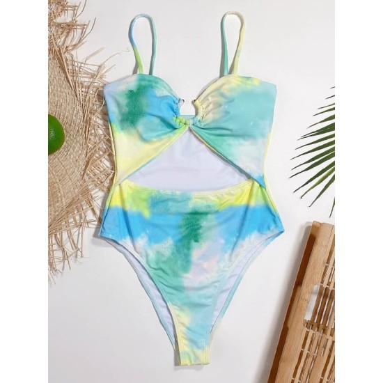 Tie-Dyed Split-Joint Hollow Slim Spaghetti-Neck One-Piece Swimwear