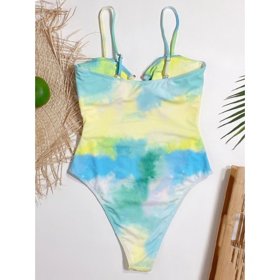 Tie-Dyed Split-Joint Hollow Slim Spaghetti-Neck One-Piece Swimwear