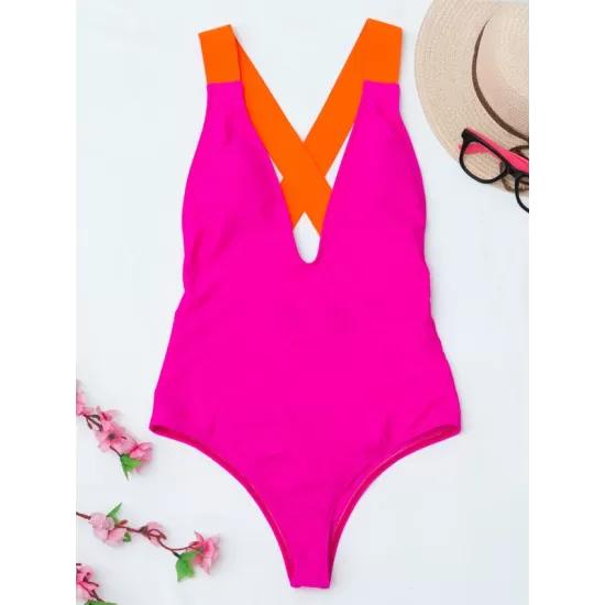 Deep V-Neck Solid Color Sexy Slim Backless One-Piece Swimwear