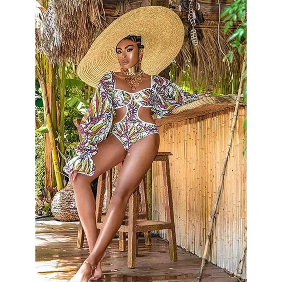 Belly-Hollow V-Neck Floral Flared Sleeves One-Piece Monokini Swimwear