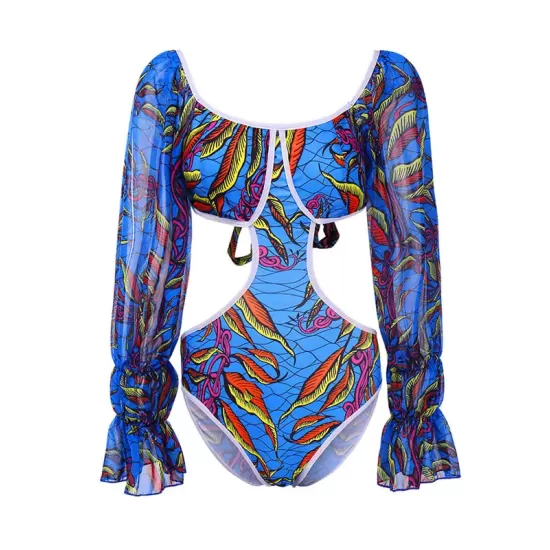 Belly-Hollow V-Neck Floral Flared Sleeves One-Piece Monokini Swimwear